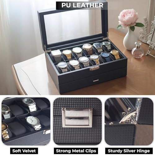 Watch Box for Men 12 Slot with Valet Drawer | 2-Tier Carbon Fiber Watch Case with Glass Lid | Luxury Watch and Jewelry Organizer | Watch Display Case - Ideal Gift for Men Women - Image 6