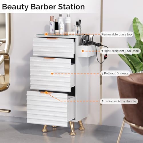 Salon Stations for Hair Stylist, Barber Station with Glass Top & Drawers & Hot Tool Holder, Salon Storage Cabinet Hair Organizer Equipment for Beauty Spa Dresser, White - Image 3