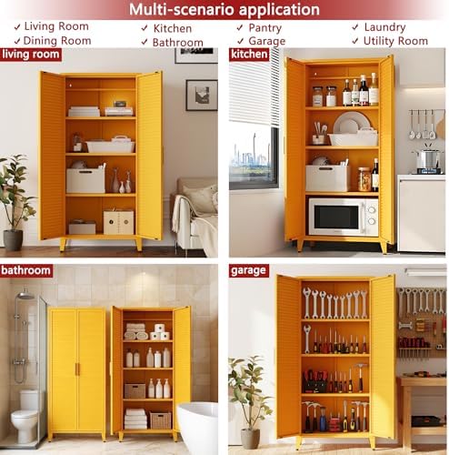 61" Tall Metal Pantry Cabinet with Lock and 3 Adjustable Shelves,Freestanding Heavy Duty Steel Storage Locker,Yellow Metal Cabinets for Kitchen,Living Room,Home 61" H X 27.6" W X 13.8" D - Image 6
