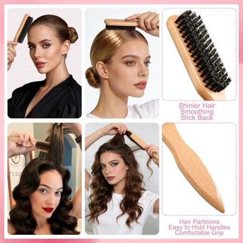 4 Pcs Boar Bristle Slick Back Hair Brush Comb with Hair Wax Stick and 500 Elastic Hairs Bands for Women Men Sectioning, Parting - Image 6