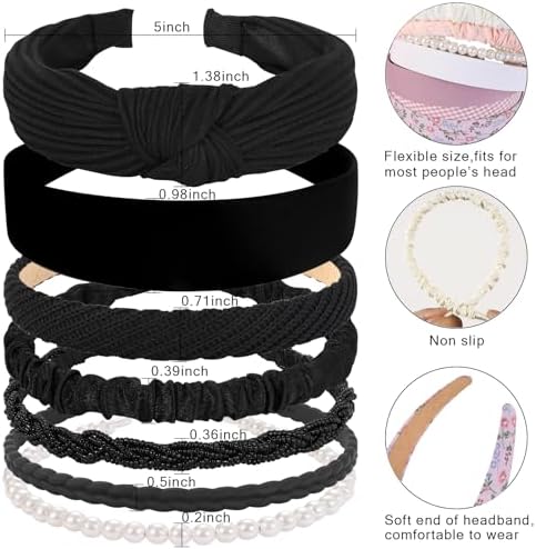 7 Pcs Headbands for Women Girls, Non Slip Cute Pearl Floral Padded Vintage Wide Fashion Multi-style Headbands for Girls - Image 2