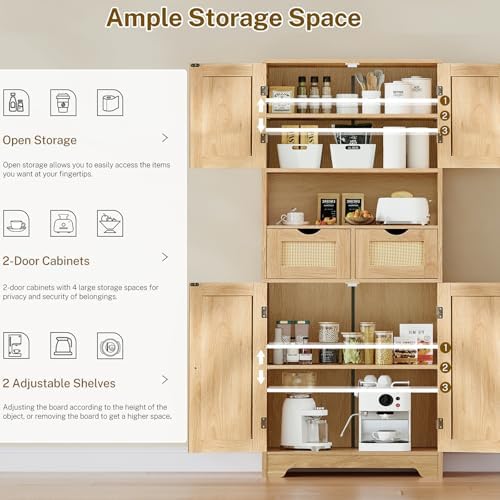 Iwell Tall Storage Cabinet with 2 Drawers & Adjustable Shelves, Rattan Cabinet, Kitchen Storage Cabinet, Pantry Cabinet with 4 Doors, Tall Cabinet for Living Room, Kitchen, Home Office, Natural - Image 4