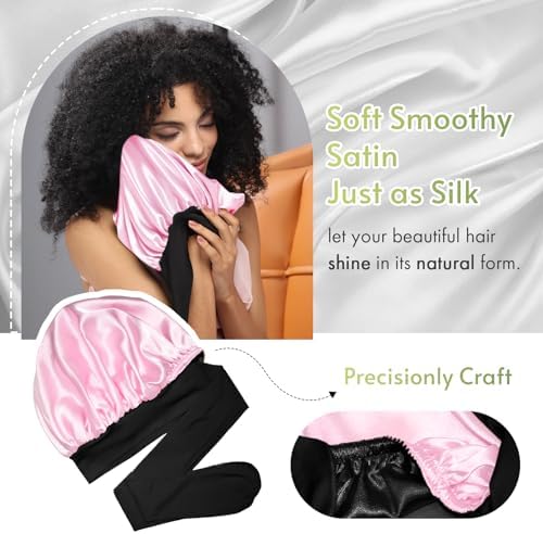 BONNET QUEEN Silk Bonnet for Sleeping Satin Bonnet with Tie Hair Wrap Double Layer Sleep Cap for Women Curly Hair, Black Pink - Image 5