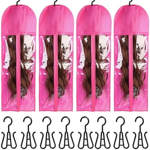 4-in-1 Wig Storage Solution - Extra Long Wig Hanger & Bags (31.5 Inch, Rose Red) by WXJ13