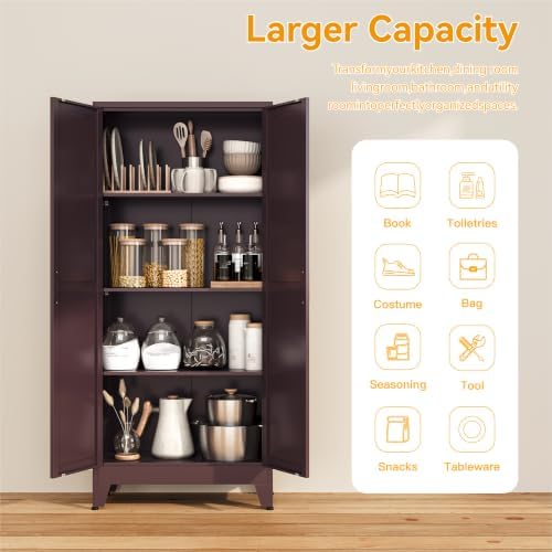 Metal Pantry Cabinet, Cherry Red Kitchen Storage Cabinets with 2 Barn Door - Image 6