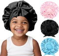 3 Pcs Kids Silk Bonnet for Sleeping - Baby Satin Bonnet for Sleep,Kids Hair Bonnets for Curly Hair Girls Boys with Wide Elastic Band,Sleeping Cap for Teens Toddler Child (Pink+Black+Light Blue) by FIRSTPELLA
