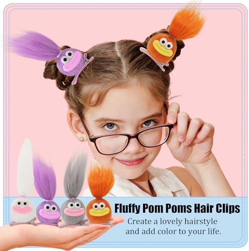 MIUPOO Fluffy Pom Poms Hair Clips,Crazy Hair Day Accessories for Girls,Quirky Little Monster Barrettes,Plush Duckbill Hairpins Hair Barrettes,Party Modeling Hair Accessories,4 colors,4 Pairs. - Image 3