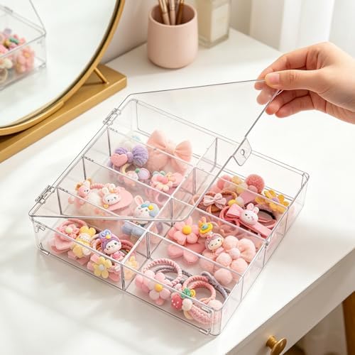 2 Pcs Hair Accessories Organizers with 8 Compartments and Lids Clear Storage Boxes for Headbands Bows Clip Scrunchies Hair Tie Organizer for Bathroom Bedroom Vanity Countertop - Image 4