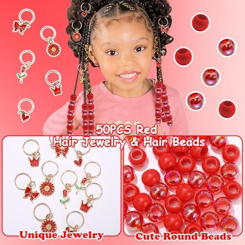 NAISKA 50PCS Red Hair Jewelry for Braids Cute Hair Beads Flower Heart Hair Charms for Girls 7 Styles Dreadlock Jewelry Loc Beads Valentine's Day Hair Accessories for Kids Girls - Image 2