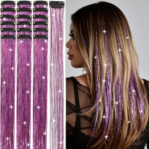 Hair Tinsel Kit 18 Pcs Hair Tinsel Clip in Fuller Sparkle, Heat Resistant Clip in Glitter Tinsel Hair Extensions Fairy Purple Hair Accessories for Women Girls Daily Party Festival (Purple) by Unknown