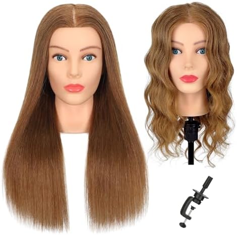 Mannequin Head Human Hair - Cosmetology Manikin Doll Head with 100% Real Hair for Hairdresser Practice Styling Braiding & Free Clamp Holder (Light Brown) by Firstwon