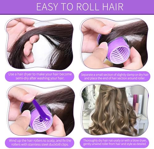 Hair Rollers, 12 Pack Self Grip Salon Hairdressing Curlers, DIY Curly Hairstyle, Large Rollers1.57In Purple - Image 5