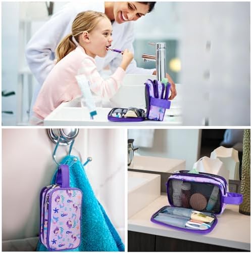 Kids Toiletry Bag for Girls, Travel Toiletry Bag for Little Young Girls Cosmetic Bag Makeup Bag Waterproof Hanging Wash Bag Toddler Toiletries, Mermaid Purple - Image 6
