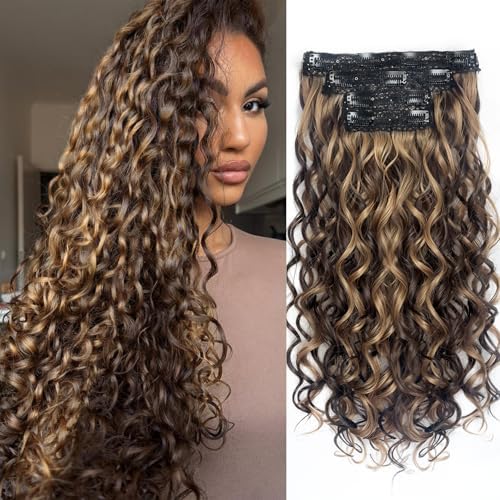 Vigorous Curly Clip In Hair Extensions,4PCS 20 inch Thick Curly Hair Extensions Lace Weft Clip Ins Invisible Natural Synthetic Hairpieces for Women,Chocolate Brown with Highlights（6H12） by Vigorous