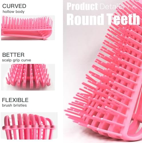 5 Pcs Detangling Brush Set - Cushion Nylon Bristles, Dual Edge, Teasing, and Styling Comb (Pink) - Image 3