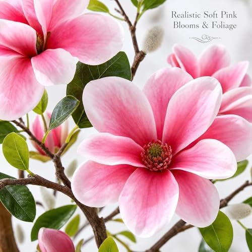Artificial Magnolia Tree with Soft Pink Blooms, 6FT, Lifelike Faux Magnolia Tree in Pot, Silk Artificial Flowering Tree for Indoor Home Decor, Living Room, Office, Bedroom, Entryway - Image 4