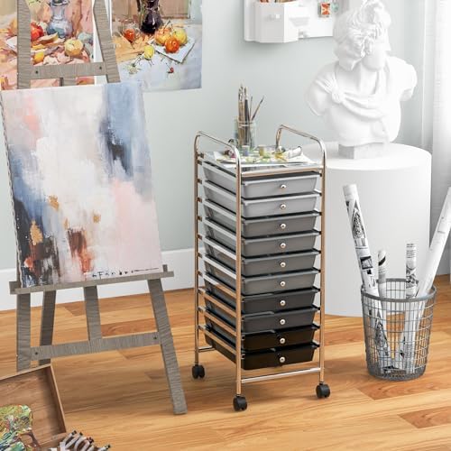Giantex 10-Drawer Storage Cart w/Universal Wheel, Rolling Cart w/Handle, Home Organizer Storage Unit w/Removable Drawers, Trolley Utility Cart for Kitchen Makeup Living Room Office Play Room - Image 4