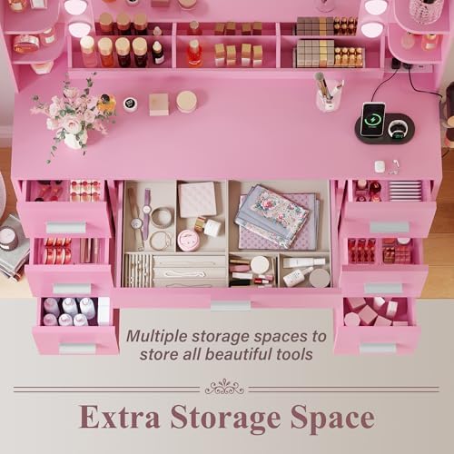 JUMMICO Makeup Vanity Desk with Large Mirror and Lights, Vanity with Power Strip and Hairdryer Holder, 6 Open Shelves and 7 Drawers Modern Dressing Table, for Bedroom (Pink) - Image 5