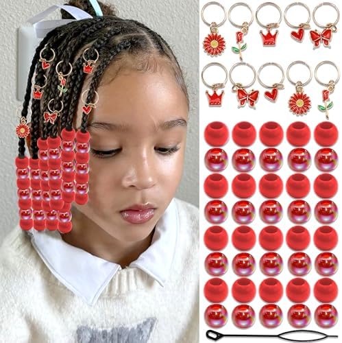 NAISKA 50PCS Red Hair Jewelry for Braids Cute Hair Beads Flower Heart Hair Charms for Girls 7 Styles Dreadlock Jewelry Loc Beads Valentine's Day Hair Accessories for Kids Girls by NAISKA