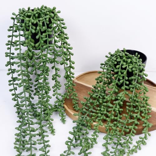 Artificial Hanging Plants for Shelf, 2-Pack Fake Potted Greenery Faux String of Pearls in Black Pot, Décor for Office Living Room Bathroom Indoor Outdoor by Unknown