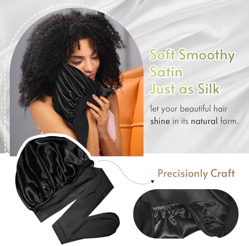 BONNET QUEEN Reversible Silk Satin Sleeping Bonnet Double Layer Adjustable Bonnets Curly Braids Wig Natural Hair Wrap Night Hat Cap Band Shower M Black - Image 5