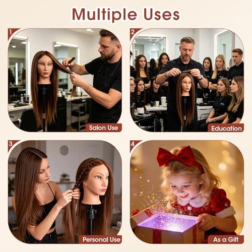 Mannequin Head with 80% Real Hair, 26'' Hairdresser Practice Styling Training Head Cosmetology Manikin Doll Head with Clamp Holder, DIY Braiding Set (Amber Brown) - Image 7
