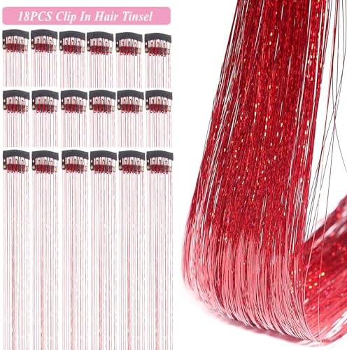 ZYXQZYX Hair Tinsel Kit Pack of 18 Pcs Hair Tinsel Clip in 19.6Inch Glitter Tinsel Hair Extensions Heat Resistant Clip in Hair Tinsel Sparkle Fairy Hair Accessories for Kids Girls Women (Red) - Image 2