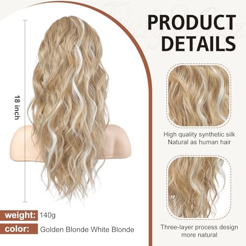 FLUFYMOOZ Ponytail Extension, 18 Inch Claw Clip Ponytail Extension, Wavy Curly Claw Clip in Ponytail Hair Extensions, Natural Fake Ponytail Synthetic Hairpiece for Women (Golden Blonde White Blonde) - Image 2