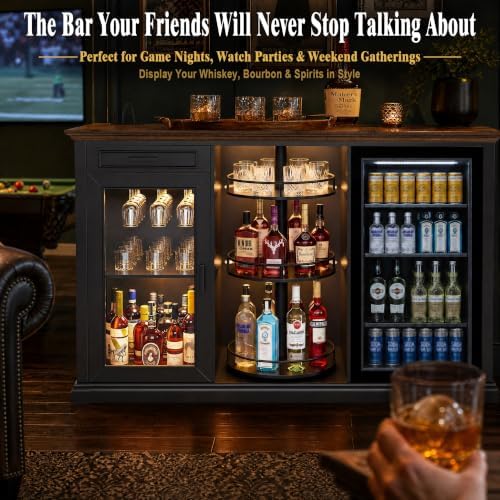 GDLF 60.2-Inch Home Bar Cabinet with Fridge Space, Amber LED, Black/Walnut - Image 4