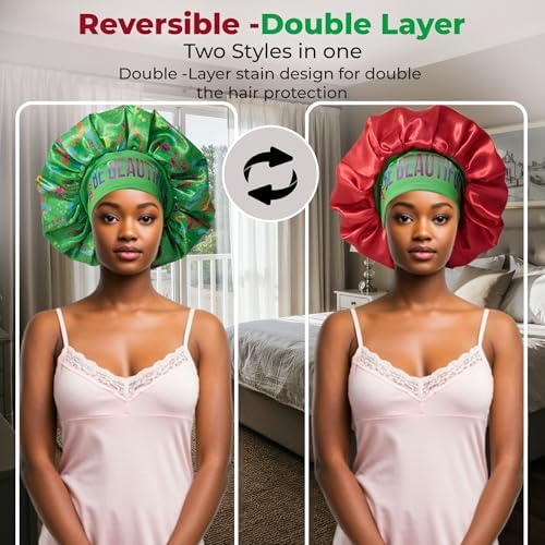 Discover reversible premium double layer silk satin sleeping bonnets designed for hair protection, moisture retention, and all-night comfort. Keep your hair healthy and frizz-free-green - Image 5