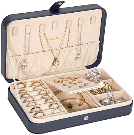 LANDICI Small Jewelry Box for Women Girls, PU Leather Travel Jewelry Case, Portable Jewelry Organizer Storage Holder Display for Ring Earrings Necklace Brooch Men Kids Gift, Dark Blue by LANDICI
