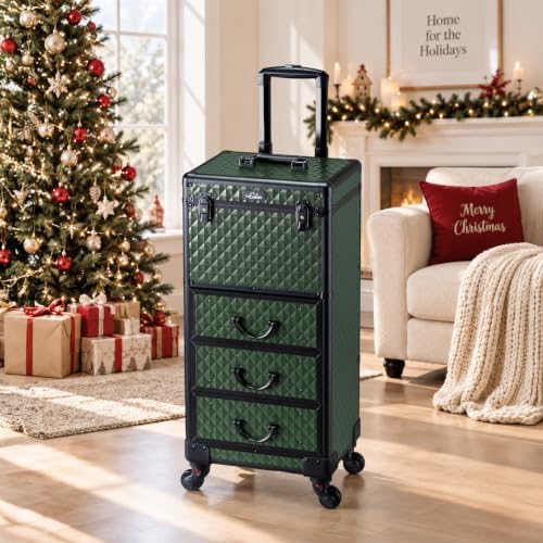 OmySalon Rolling Makeup Train Case with 3 Drawers, Cosmetology Case on Wheels w/Pull Handle and Removable Wheels, Large Cosmetic Organizer Storage Box for Nail Tech, Makeup Artist(Dark Green) - Image 6