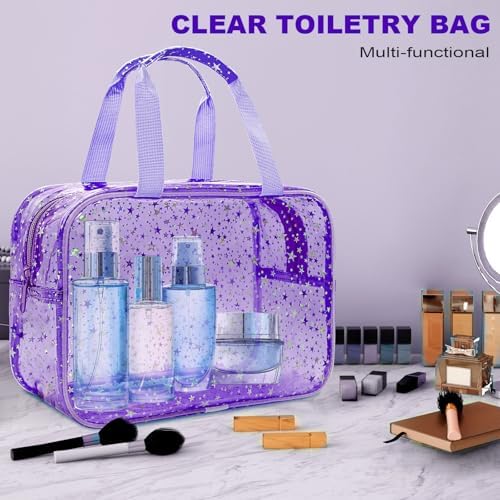 Clear Purple Star Large Makeup Bag with Star Pattern 12x5x8 inch, Travel Cosmetic Bag with Handle, Durable PVC Material Washbag Zipper Opening Design for Makeup Travel Organizer or Gym Use - Image 4