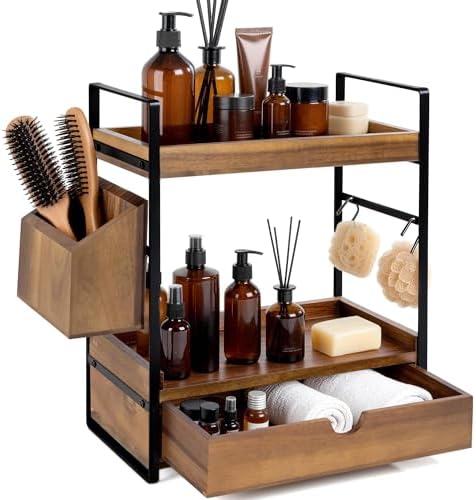 2-Tier Bathroom Counter Organizer, Acacia Wood Vanity Shelf with Drawer by Unknown