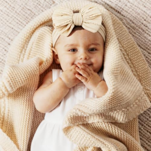 Baby Bows Headbands Soft Nylon Handmade Hair Accessories for Newborn Infant Toddler Kids (Beige, Large) - Image 3