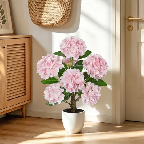 2FT Pink Hydrangea Artificial Flowers Tree Large Real Touch Faux Silk Hydrangea Plants Potted Fake Flower in White Pot for Home Indoor Outdoor Front Porch Garden Entrance Living Room Decor - Image 4