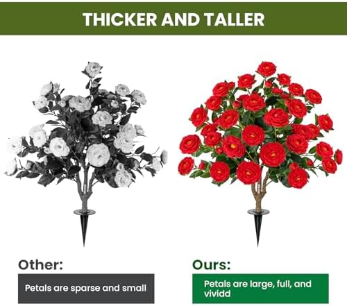 3FT Artificial Camellia Tree with Ground Spike, Full Bloom Fake Camellia Plant Outdoor, Dense Flower Artificial Trees for Front Porch Decor, Patio Garden Yard Decorations,Red,2 Pack - Image 5
