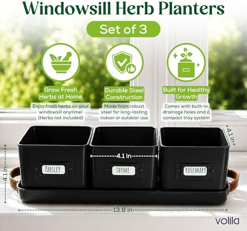 volila Herb Planter Indoor - Set of 3 Black Indoor Herb Garden Pots for Plants with Leather Handled Tray - Window Sill Plant Shelf - Herb Pots with Drainage Holes and Labels - Image 2