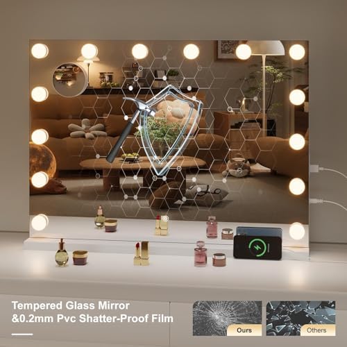 Hasipu Hollywood Vanity Mirror with Lights and Bluetooth Speaker, 35" x 24" Makeup Mirror with 16 Dimmable LED Bulbs 3 Color Modes, 5X Magnifying Glass, Touch Control, USB and Type-C, Tempered Glass - Image 6