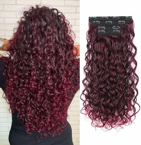 Vigorous Curly Clip In Hair Extensions,4PCS 20 inch Thick Curly Hair Extensions Lace Weft Clip Ins Invisible Natural Synthetic Hairpieces for Women,Burgundy Highlights(T1B/BUG) by Vigorous