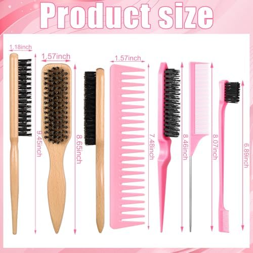 6 Pcs Boar Bristle Slick Back Hair Brush with Pink Edge Brush, Rat Tail Comb and Wide Tooth Comb for Women Men - Image 5