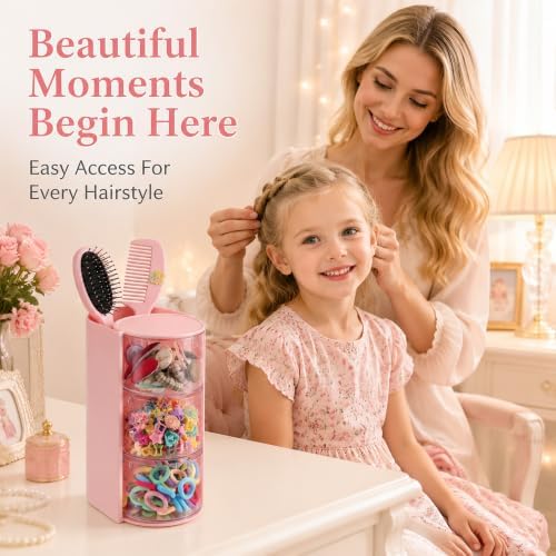 Azurphoric Hair Accessories Organizer with Hair Brush Holder(Pink, 3-Layer) - Image 2