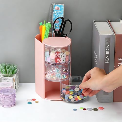 3-Layer Rotating Girls Hair Accessories Organizer Multi-Function Hair Brush Holder Makeup Organizer, Desktop Storage for Hair Clips, Hair Ties, Combs, Jewelry & Stationery (Pink) - Image 7