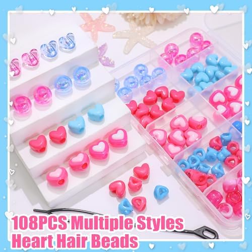 NAISKA 108PCS Hot Pink Blue Hair Beads 12 Styles Box Beads for Hair Heart Dreadlock Jewelry Iridescent Braids Bead Loc Jewelry Cute Hair Accessories for Kids Girls - Image 2