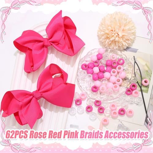 NAISKA 62PCS Valentine's Day Hair Beads 4.7in Hair Bow Clips Large Hole Girls Braids Beads Valentines Hair Jewelry Lovely Rose Red Pink Hair Accessories Kit for Kids Girls - Image 2