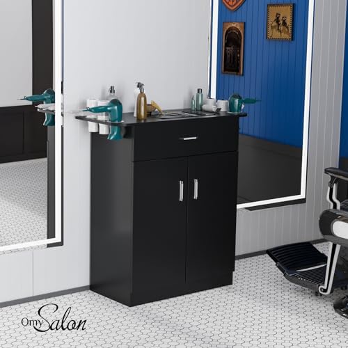 OmySalon Salon Storage Station, Barber Stations Beauty Salon Spa Equipment, Free Standing Cabinet with 1 Drawers, 1 Storage Cabinet, 6 Hair Dryer Holders for Hair Styling, Black - Image 4