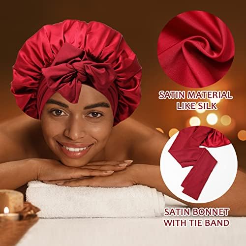 AWAYTR Wide Band Satin Bonnet, Tie-Band Sleep Cap for Curly Hair Women Red - Image 2
