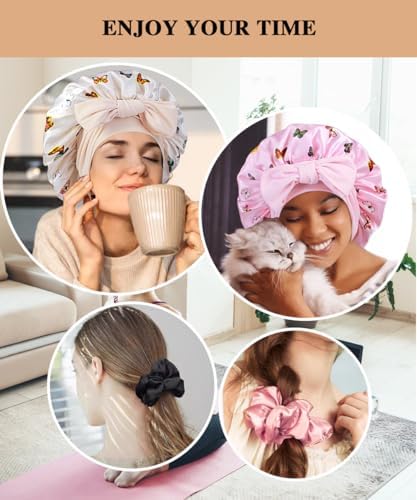 2+3 Large Satin Bonnets with Scrunchies for Women, Hair Bonnet Sleeping Tie Bonnet for Braids Curly Hair - Image 5