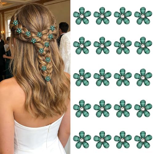 YISSION 20Pcs Mini Dark Green Plaid Flower Hair Clips, Rhinestone Decorative Hair Pins for Women and Girls Wedding Bridal Prom Daily Hairstyle Accessories by YISSION