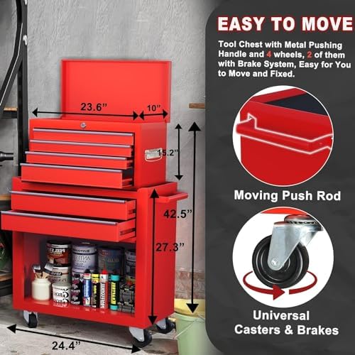 Dawmilon 8-Drawer Rolling Tool Chest, 2-in-1 Tool Box Organizer with Lockable Wheels, Sliding Drawers, and Detachable Top, Garage Workshop Tool Storage Cabinet, Red - Image 4